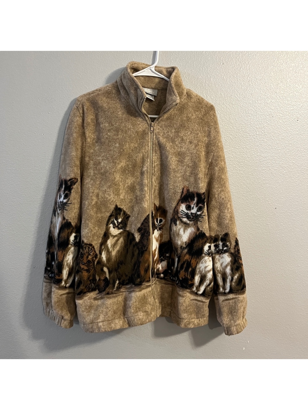 Blair Cat Fleece Jacket Womens Tan Full Zip All Over Cats Animal